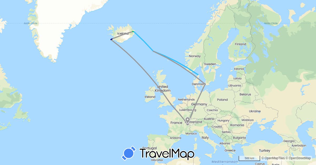 TravelMap itinerary: driving, bus, plane, boat in Switzerland, Denmark, Faroe Islands, United Kingdom, Iceland (Europe)